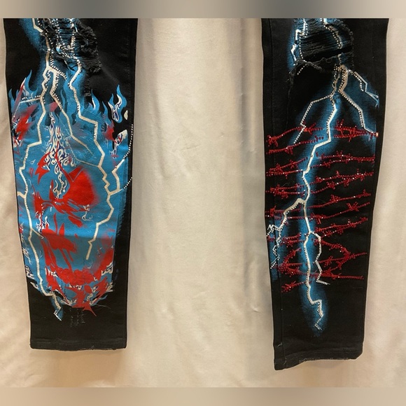 NWT GFTD Los Angeles SAVAGE Skinny Distressed Painted Black Jeans 34” X 32” - Picture 5 of 10